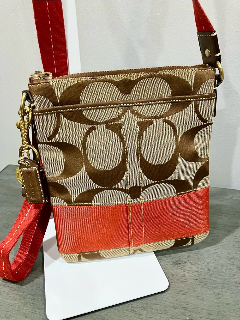 Coach Signature Canvas Crossbody Bag in Brown and Red